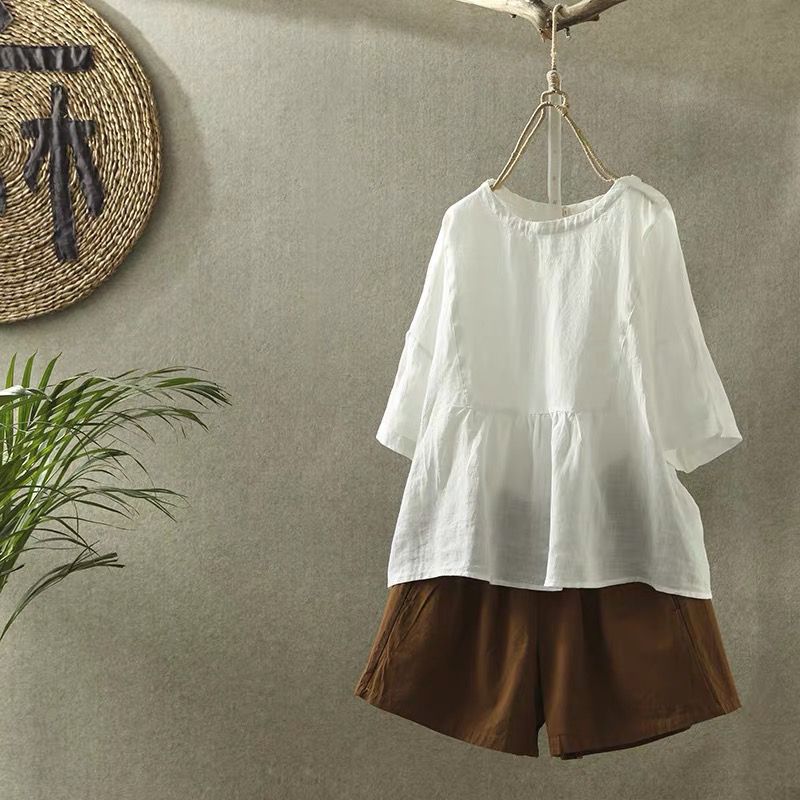 여름 레트로 문예 새로운 셔츠 루즈핏 연령 감소 맨위 여성 외국 가스 여성 반팔 외국 가스 캐주얼 5 점 소매