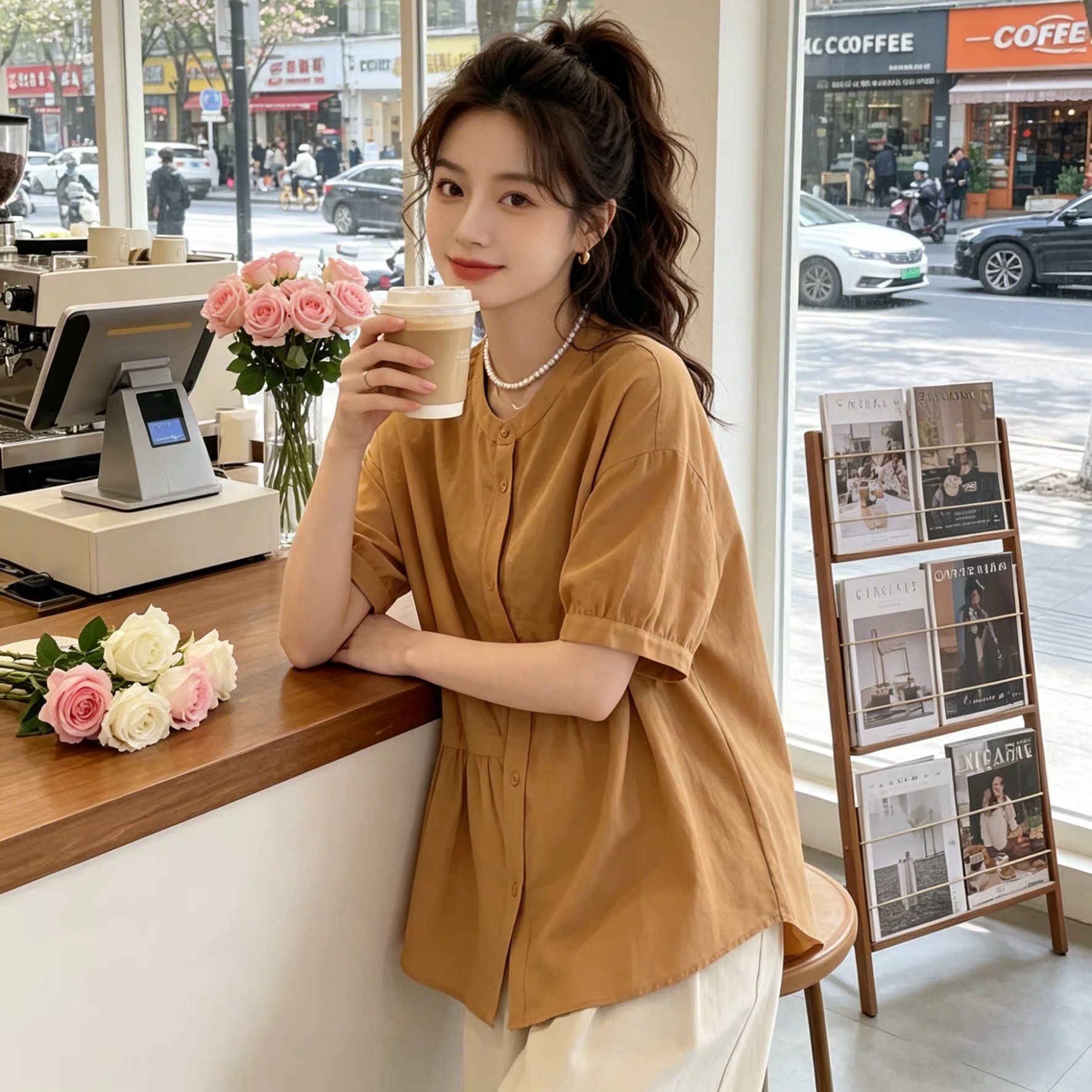 여름 드레스 새로운 주름 싱글 줄 버튼 여성 셔츠 빅 사이즈 통통한 여동생 한국 스타일 루즈핏 품격 슬림해 보이는 맨위