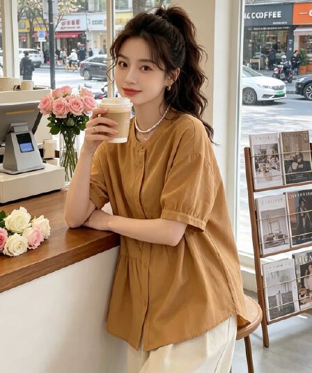 여름 드레스 새로운 주름 싱글 줄 버튼 여성 셔츠 빅 사이즈 통통한 여동생 한국 스타일 루즈핏 품격 슬림해 보이는 맨위