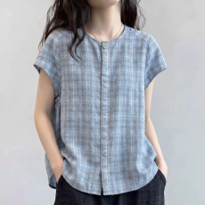 批发夏装慵懒风松弛感独特漂亮复古格子休闲短袖<b class='q'>衬衫</b>女巨好看上衣