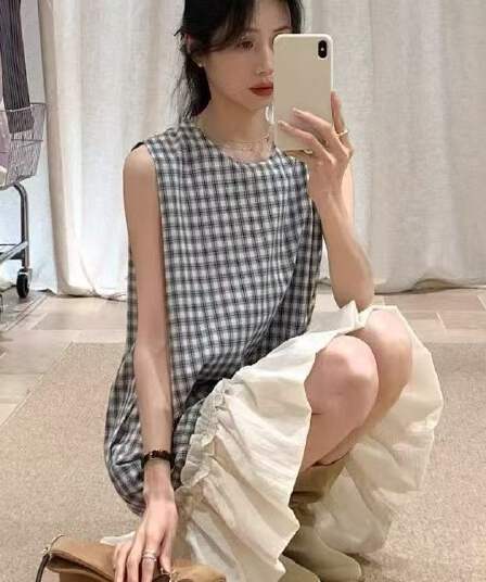 한 부서 흑인과 백인 그리드 민소매 레이스 패치워크 여성 드레스 2025 아모이 미니멀리즘 달콤함 연령 감소 롱 스커트