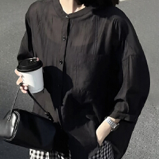 批发<b class='q'>夏</b>装新款大码女装韩版轻奢简约气质网纱中袖棉麻轻薄透款衫