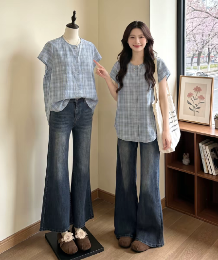 여름 드레스 느긋한 바람 느슨함 센스 고유 한 아름다운 레트로 체크무늬 캐주얼 반팔 여성 셔츠 그레이트 봐. 의류