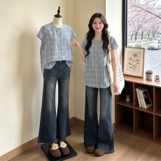 批发夏装慵懒风松弛感独特漂亮复古格子休闲短袖衬衫女巨好看上衣
