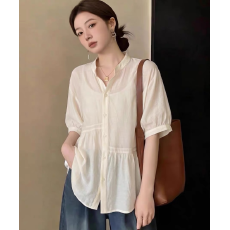 批发夏装新款褶皱单排扣衬衫女大码胖妹妹韩版宽松气质显瘦上衣