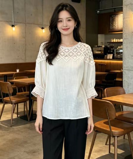 새로운 여름 화이트 레이스 홀로우 아웃 패치워크 반소매 여성 셔츠 빅 사이즈 지방 mm 그레이트 봐. 의류
