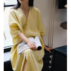 批发夏装新款大码棉麻长裙<b class='q'>v领</b>气质连衣裙子女夏款欧若风穿搭26新款