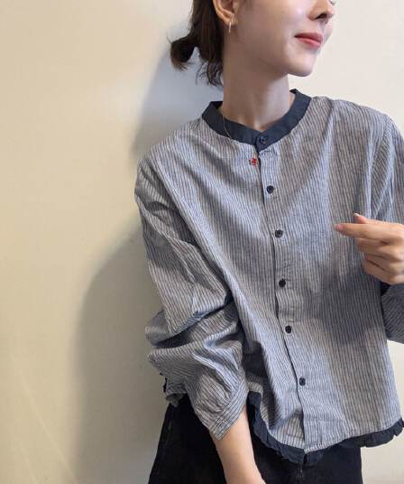 여름 문예 센 부서 라미 프린트 폴로 칼라 통기성 긴팔 여성 셔츠 새로운 루즈핏 부서 버클 자외선 차단 맨위
