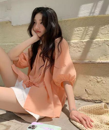 여름 새로운 다용도 주황색 얇고 가벼운 반팔 셔츠 고유 한 아름다운 작은 셔츠 프랑스식 느긋한 느슨함 센스 맨위