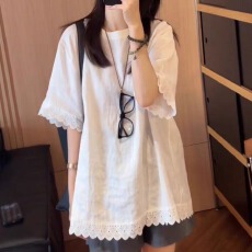 批发<b class='q'>夏</b>装新款大码女装气质蕾丝花边圆领短袖t恤宽松上衣