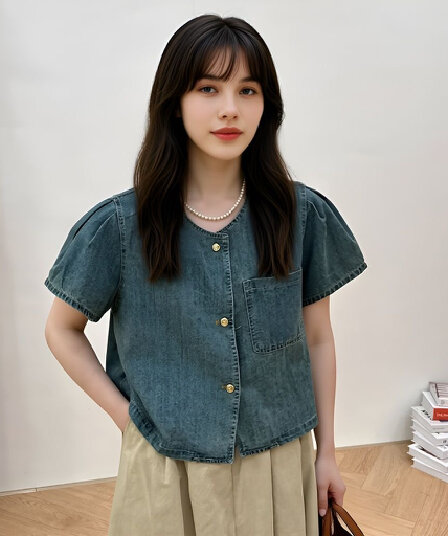여름 새로운 출퇴근 레트로 라운드 넥 싱글 줄 버튼 데님 셔츠 한국 스타일 루즈핏 반팔 주머니 맨위 트렌디