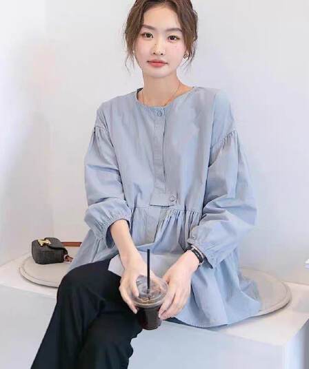 가을 의상 새로운 빅 사이즈 여성 의류 디자인 순면 벌룬 소매 긴팔 여성 셔츠 인형 루즈핏 슬림해 보이는 맨위 셔츠
