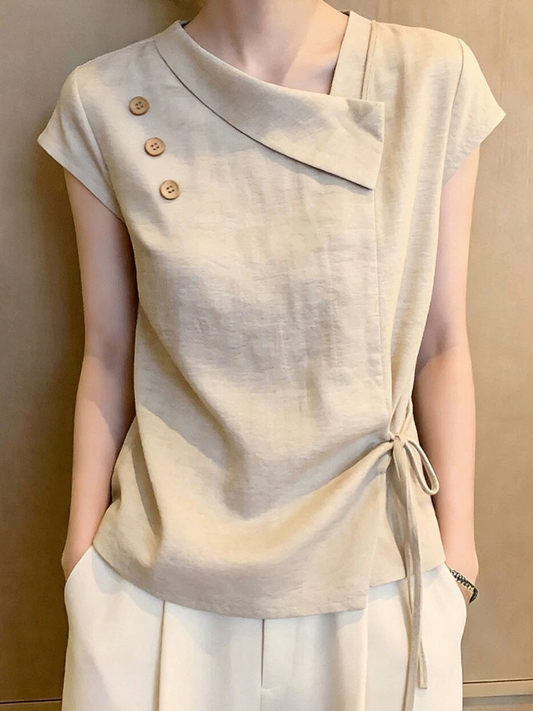 RY7454# 夏季新款杏色不规则衬衫女士洋气减龄休闲显瘦设计感系带上衣