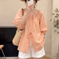 批发<b class='q'>夏</b>季新款百搭橘色轻薄短袖衬衫独特漂亮小衫法式慵懒松弛感上衣
