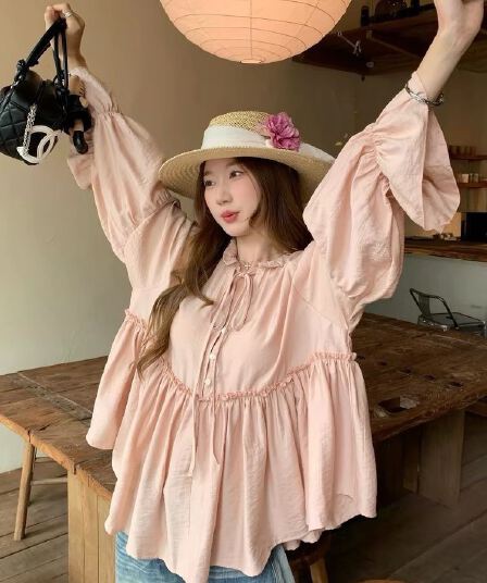 가을 의상 새로운 품격 다용도 슬림해 보이는 셔츠 달콤함 프릴 요정 한 마디 진자 루즈핏 인형 셔츠 맨위