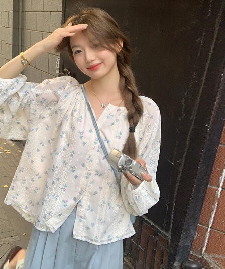 가을 의상 새로운 프랑스식 달콤함 거품 소매 꽃무늬 쉬폰 셔츠 부드러운 바람 레이스 자수 태양 보호 셔츠