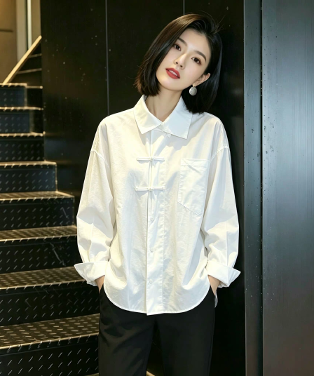 가을 의상 새로운 작은 대중 레트로 새로운 중식 빛 국풍 단추 긴팔 여성 셔츠 인사이드 가져 가라. 기본 셔츠 맨위