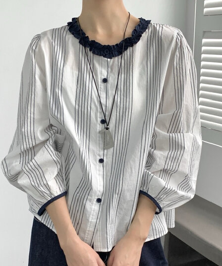 가을 의상 새로운 라운드 넥 스트라이프 면 린넨 여성 셔츠 한 부서 루즈핏 프릴 디자인 센스 맨위 트렌디 섹션 셔츠