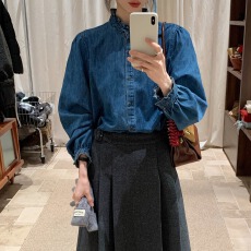 批发秋装新款YNVN韩系花边领磨毛<b class='q'>牛仔</b><b class='q'>衬衫女</b>装设计感小众长袖衬衣