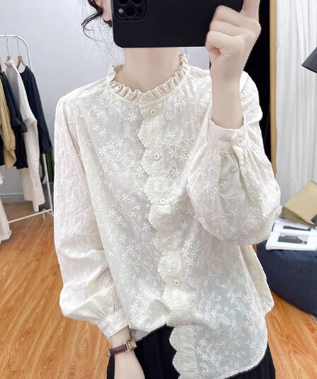 가을 의상 새로운 한국 순면 레이스 칼라 레이스 자수 긴팔 셔츠 여성 셔츠 패션 셔츠