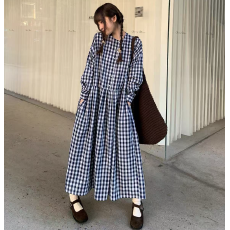 批发秋装新款大码女装日系格纹圆领连衣裙女气质显瘦收腰长裙子