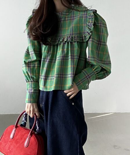 가을 의상 새로운 한국 chic 레트로 프릴 디자인 체크무늬 캐주얼 루즈핏 긴팔 인형 셔츠 셔츠 맨위