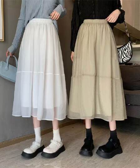 가을 의상 고급 유럽 오간자 하이웨이스트 퍼프 스커트 요정 치마 패션 다용도 허리밴드 슬림해 보이는 한 마디 반신 스커트