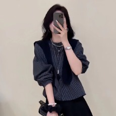 批发秋装新款法式复古格子披肩长袖衬衫女休闲气质衬衣宽松上衣