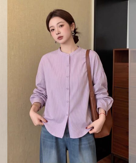 가을 의상 새로운 레트로 스트라이프 보라색 긴팔 여성 셔츠 빅 사이즈 다용도 루즈핏 고급 센스 맨위