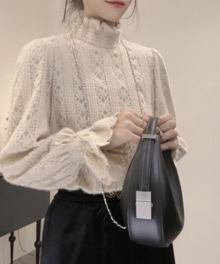 가을 의상 새로운 한 부서 품격 새로운 측면 터틀넥 레이스 두꺼운 외국 가스 만나는 맨위