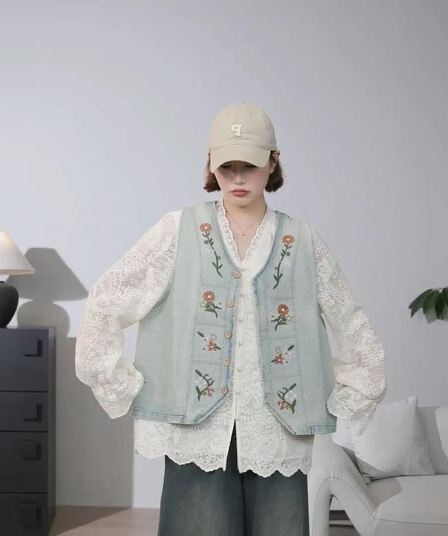 가을 의상 새로운 한국 스타일 루즈핏 슬림해 보이는 데님 조끼 여자 고급 센스 Chic 고유 한 루즈핏 스택 착용 조끼 세트