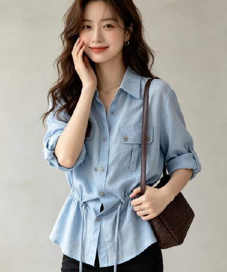 가을 의상 새로운 고급 센스 파란색 폴로 칼라 허리 수축 여성 셔츠 출퇴근 바람 슬림해 보이는 슈퍼 잘 생긴 패션 작은 대중 맨위