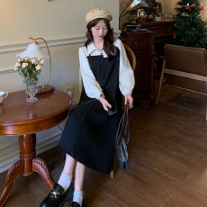 批发<b class='q'>秋</b>装新款大码女装假两件吊带连衣裙显瘦赫本风初恋裙