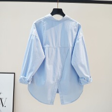 批发秋装新款浅蓝色棉<b class='q'>衬衫</b>女设计感背后开叉宽松<b class='q'>衬衣</b>时尚百搭长袖上衣