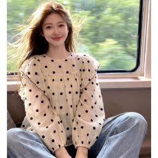 批发秋装新款甜美别致木耳边波点<b class='q'>衬衫</b>女外穿设计感小众显瘦小衫长袖
