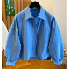 批发秋装新款超好看克莱因蓝色<b class='q'>衬衫</b>女高级感宽松叠穿前短后长上衣