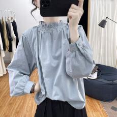 批发秋装新款荷叶领灯笼袖纯棉长袖<b class='q'>衬衫</b>女式减龄上衣复古宽松<b class='q'>衬衣</b>