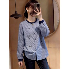 批发秋装新款欧洲站欧货涂鸦刺绣竖条圆领<b class='q'>衬衫</b>女宽松<b class='q'>衬衣</b>上衣