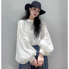批发秋装新款灯笼袖白色衬衫长袖上衣微胖mm百搭宽松立领泡泡袖衬衣