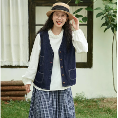 批发秋冬新款深蓝色<b class='q'>牛仔</b><b class='q'>马甲女</b>日系复古休闲上衣宽松百搭v领马夹外搭