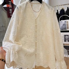 批发秋装新款大码女装日韩<b class='q'>蕾丝</b>衫衬衫百搭复古文艺V领<b class='q'>刺绣</b>内搭上衣