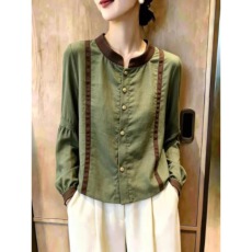 批发<b class='q'>秋</b>装新款通勤风绿色灯笼袖衬衫女撞色拼接气质百搭超好看上衣