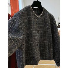 批发秋冬装新款韩系粗花呢短款圆领毛呢外套超好看小个子呢子大衣夹克