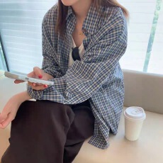已出货 秋装新款韩系格子百搭宽松慵懒风上衣外搭格纹衬衣外套