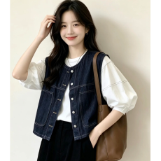 批发秋装新款短款小个子复古设计牛仔马甲背心时尚无袖坎肩<b class='q'>外套</b>上衣
