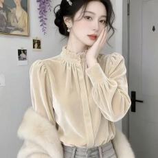 批发秋装新款轻奢感丝绒立领衬衫独特别致休闲宽松显瘦百搭上衣