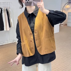 批发秋装新款棉质马夹外套女士宽松显瘦v领简约小众设计感工装<b class='q'>背心</b>