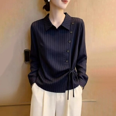 秋冬装藏蓝色条纹翻领长袖女士衬衫高级感系带收腰法式上衣