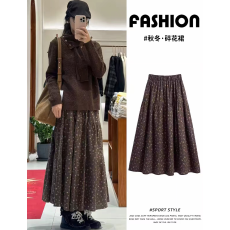 批发秋冬装复古碎花碎花半身<b class='q'>裙</b>女毛绒感大<b class='q'>裙</b>摆中长<b class='q'>裙</b>