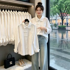 批发秋装新款小众复古新中式轻国风盘扣长袖衬衫女内搭打底衫上衣
